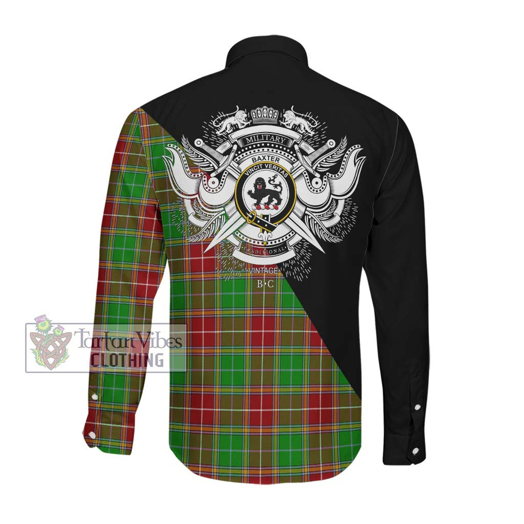 Baxter Modern Tartan Long Sleeve Button Shirt with Family Crest and Military Logo Style Men's Shirt - Tartanvibesclothing Shop