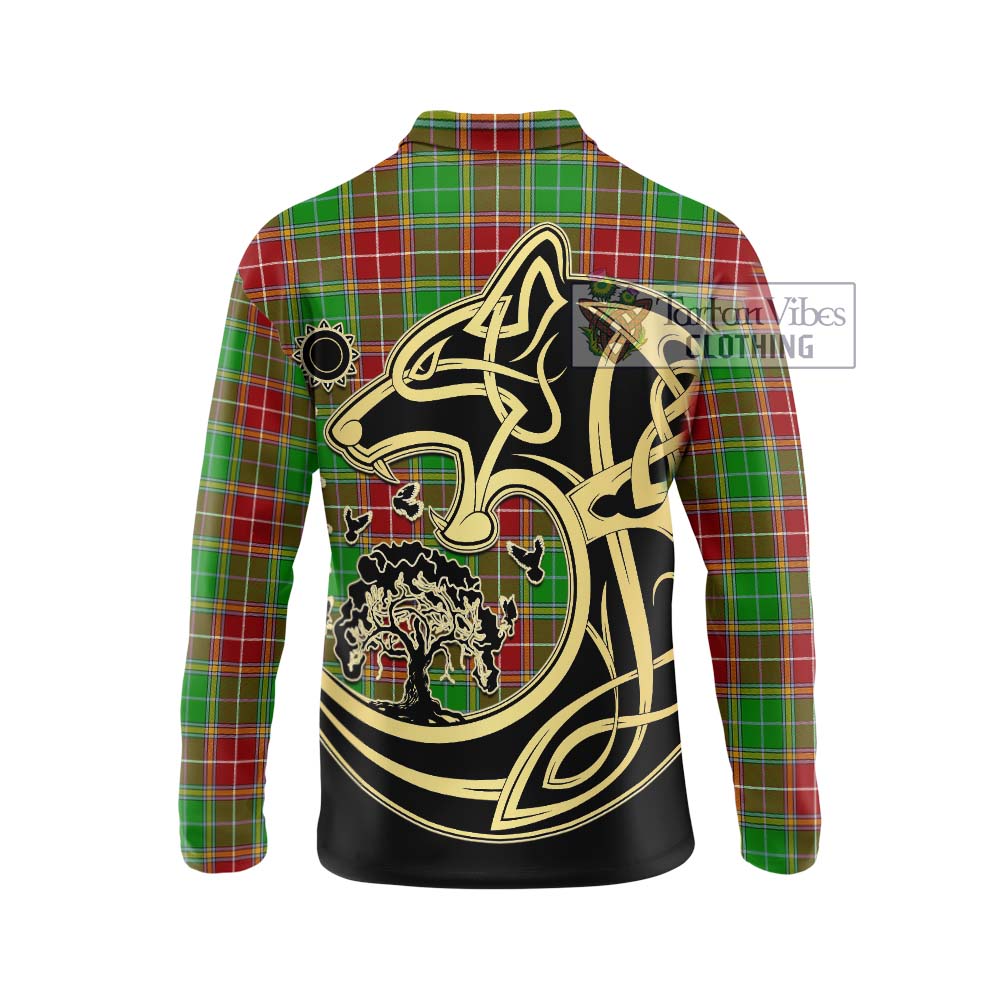 Baxter Modern Tartan Long Sleeve Polo Shirt with Family Crest Celtic Wolf Style - Tartanvibesclothing Shop