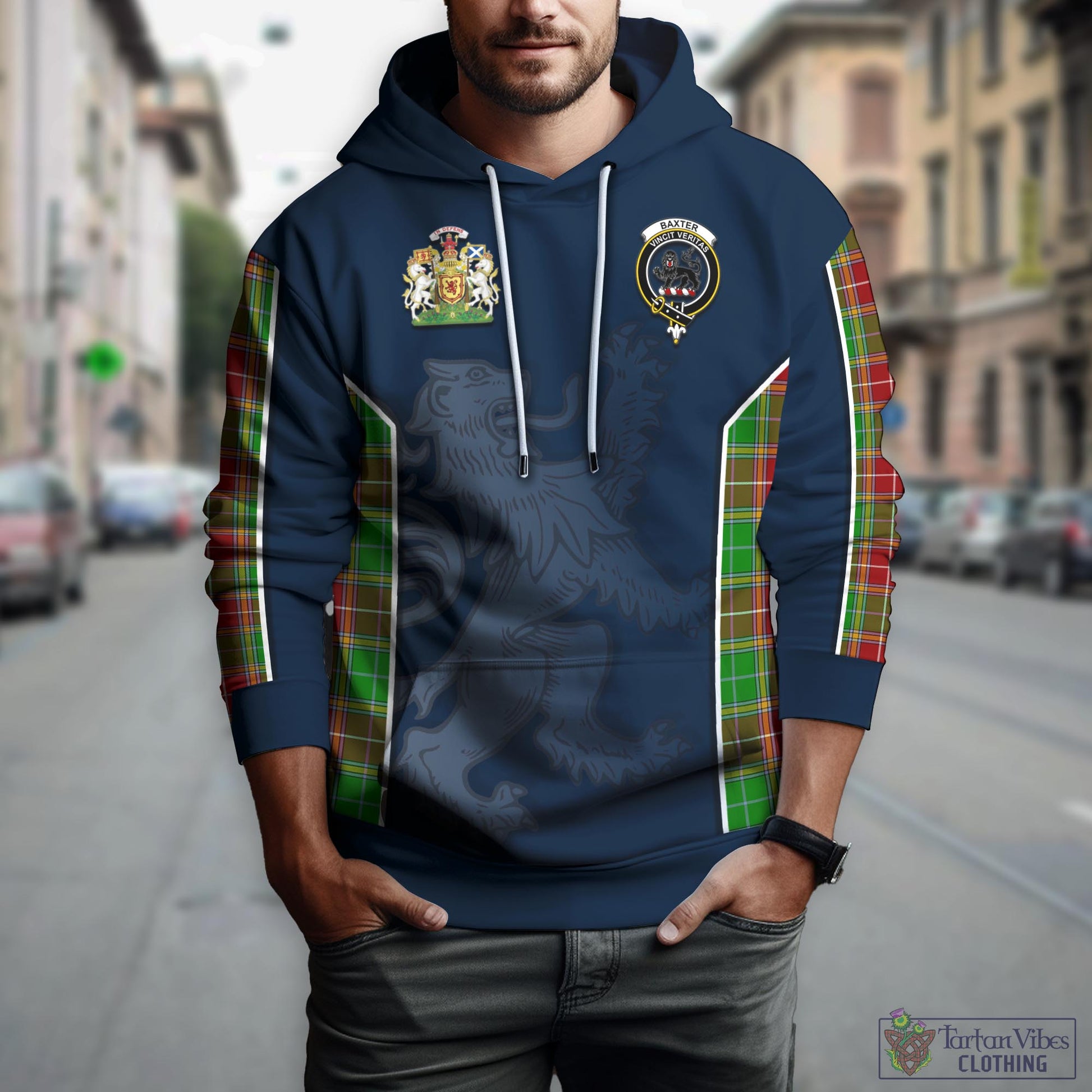 Tartan Vibes Clothing Baxter Modern Tartan Hoodie with Family Crest and Lion Rampant Vibes Sport Style