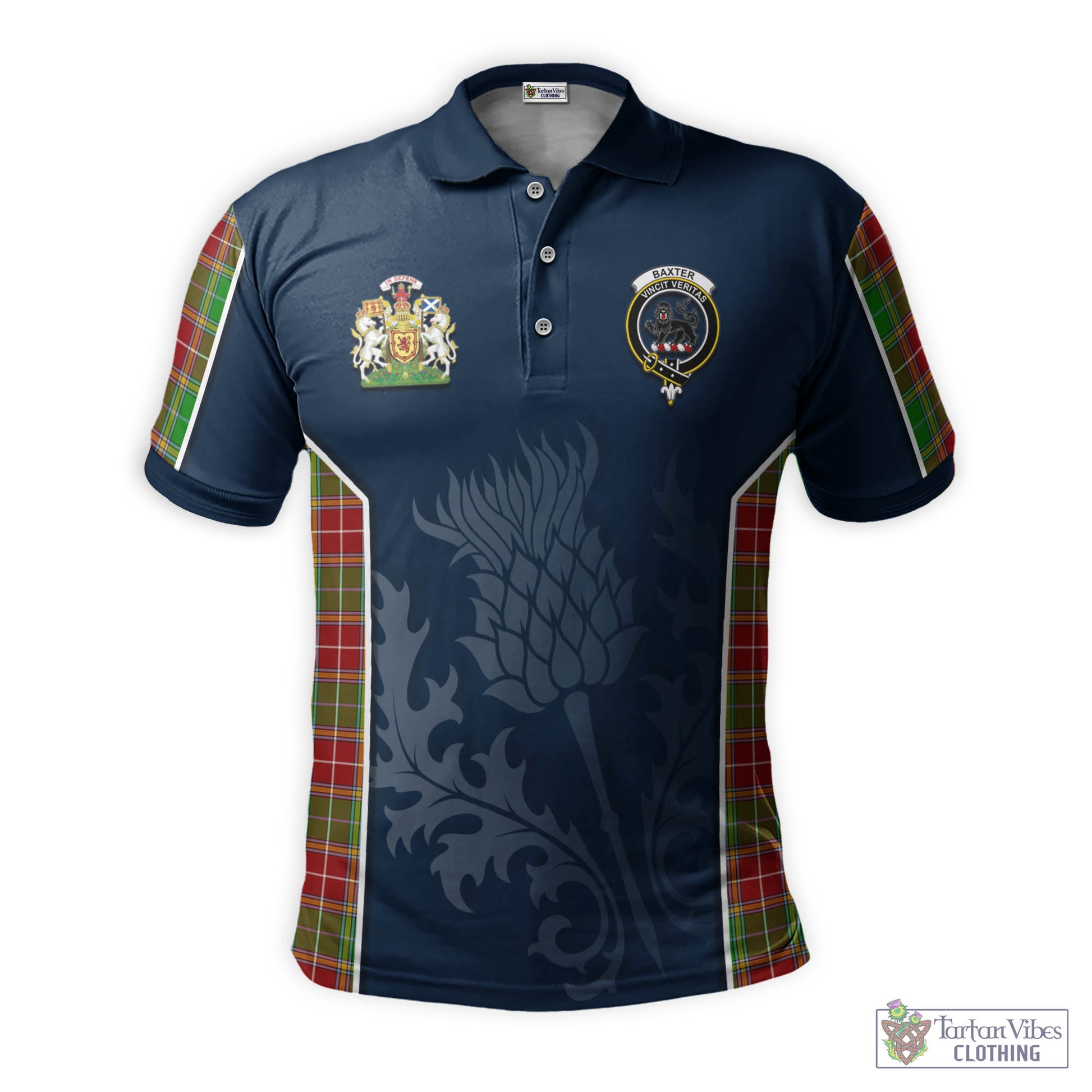 Tartan Vibes Clothing Baxter Modern Tartan Men's Polo Shirt with Family Crest and Scottish Thistle Vibes Sport Style