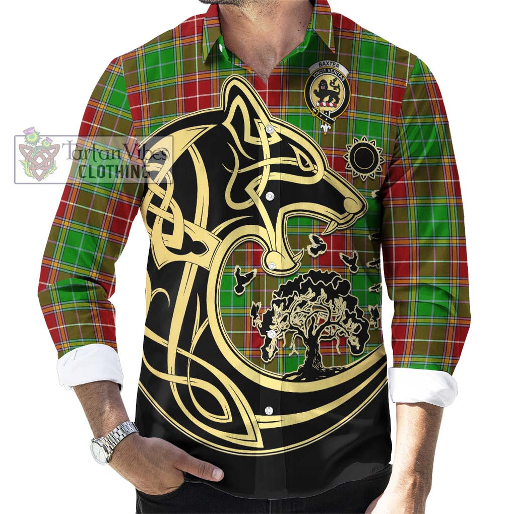 Baxter Modern Tartan Long Sleeve Button Shirt with Family Crest Celtic Wolf Style - Tartan Vibes Clothing