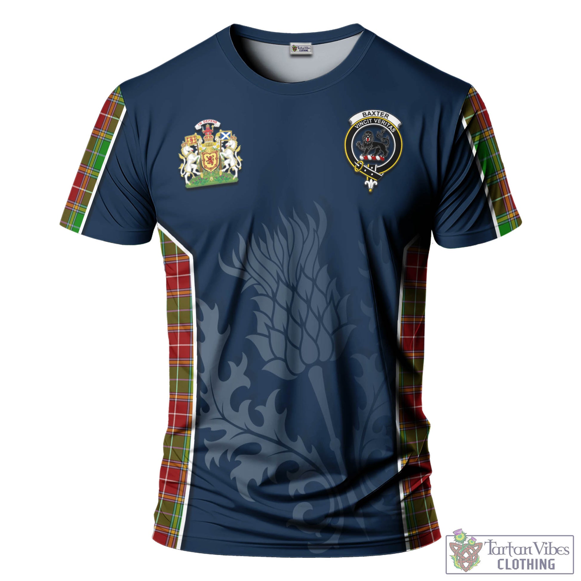 Tartan Vibes Clothing Baxter Modern Tartan T-Shirt with Family Crest and Scottish Thistle Vibes Sport Style