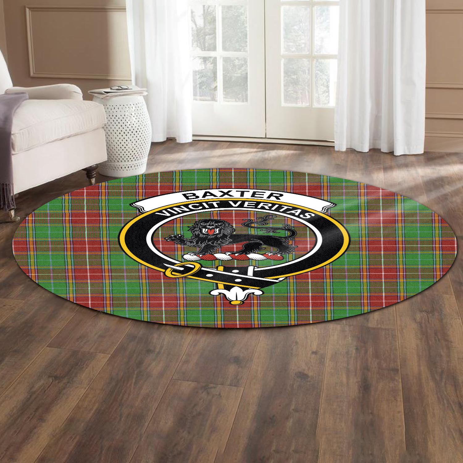 Baxter Modern Tartan Round Rug with Family Crest - Tartanvibesclothing