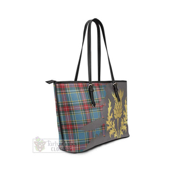 Beaton Tartan Leather Tote Bag Gold Thistle Style - Tartan Vibes Clothing