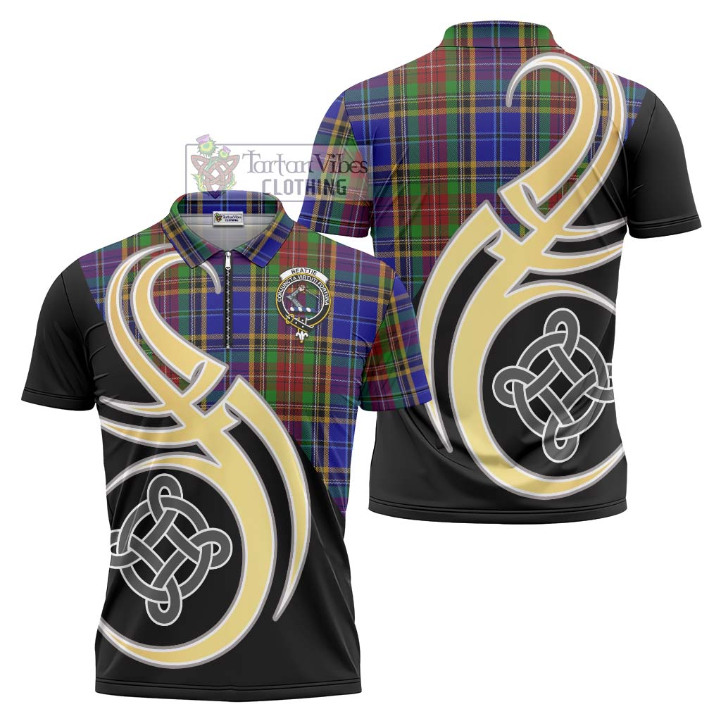 Tartan Vibes Clothing Beattie Tartan Zipper Polo Shirt with Family Crest and Celtic Symbol Style