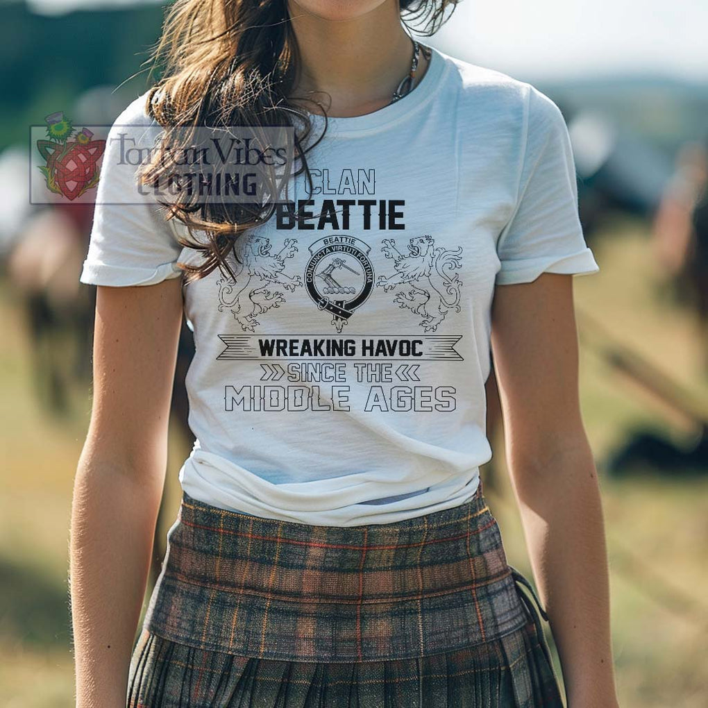 Beattie (Beatty) Family Crest 2D Cotton Women's T-Shirt Wreaking Havoc Style - 2D-tartanvibesclothing