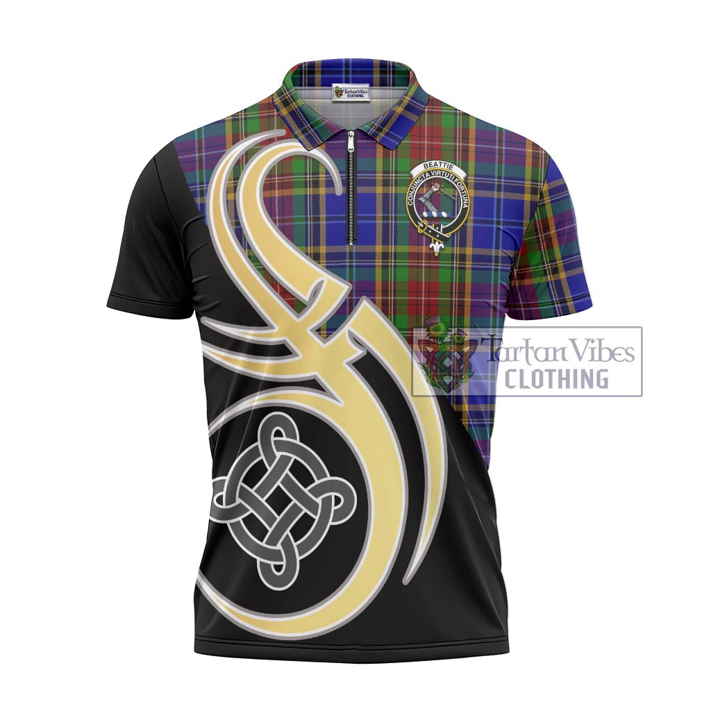 Tartan Vibes Clothing Beattie Tartan Zipper Polo Shirt with Family Crest and Celtic Symbol Style