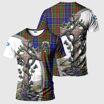 Beattie (Beatty) Tartan T-Shirt with Family Crest and St. Andrew's Cross Accented by Thistle Vines