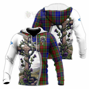 Beattie (Beatty) Tartan Knitted Hoodie with Family Crest and St. Andrew's Cross Accented by Thistle Vines