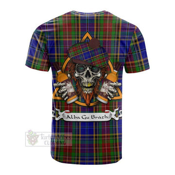 Beattie (Beatty) Tartan Cotton T-shirt with Family Crest and Bearded Skull Holding Bottles of Whiskey - Tartan Vibes Clothing