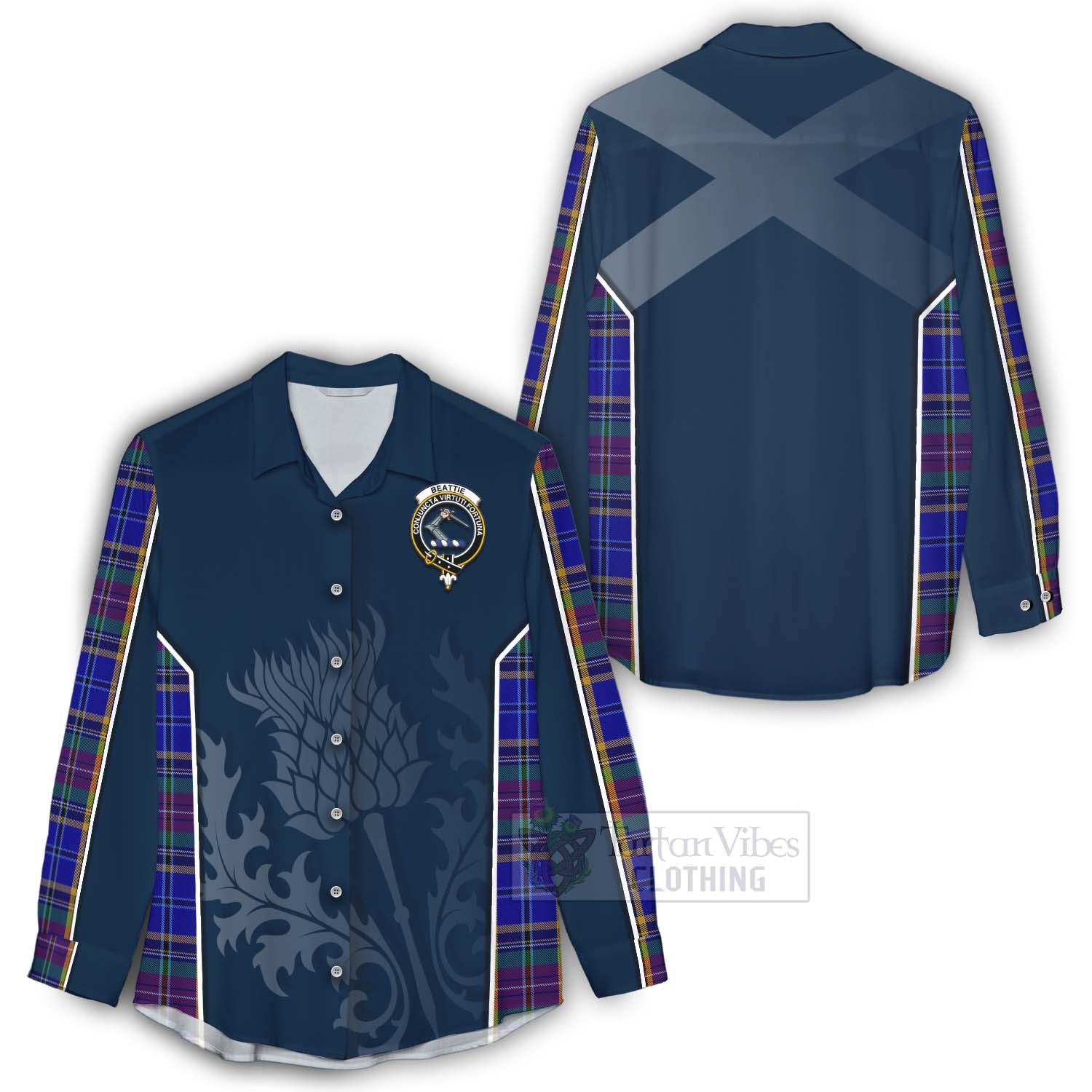 Tartan Vibes Clothing Beattie (Beatty) Tartan Women's Casual Shirt with Family Crest and Scottish Thistle Vibes Sport Style