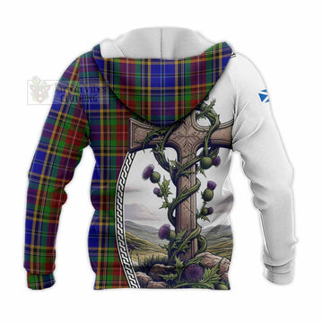 Beattie (Beatty) Tartan Knitted Hoodie with Family Crest and St. Andrew's Cross Accented by Thistle Vines