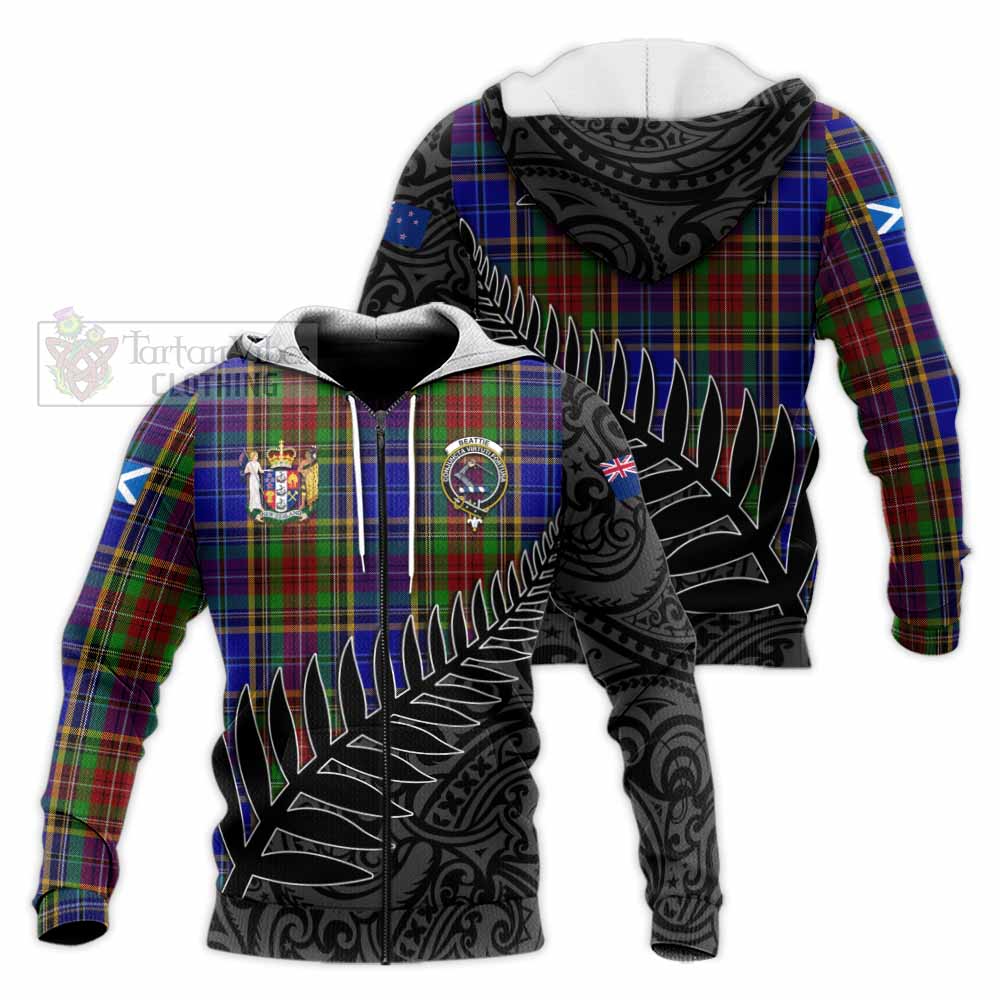 Tartan Vibes Clothing Beattie (Beatty) Crest Tartan Knitted Hoodie with New Zealand Silver Fern Half Style