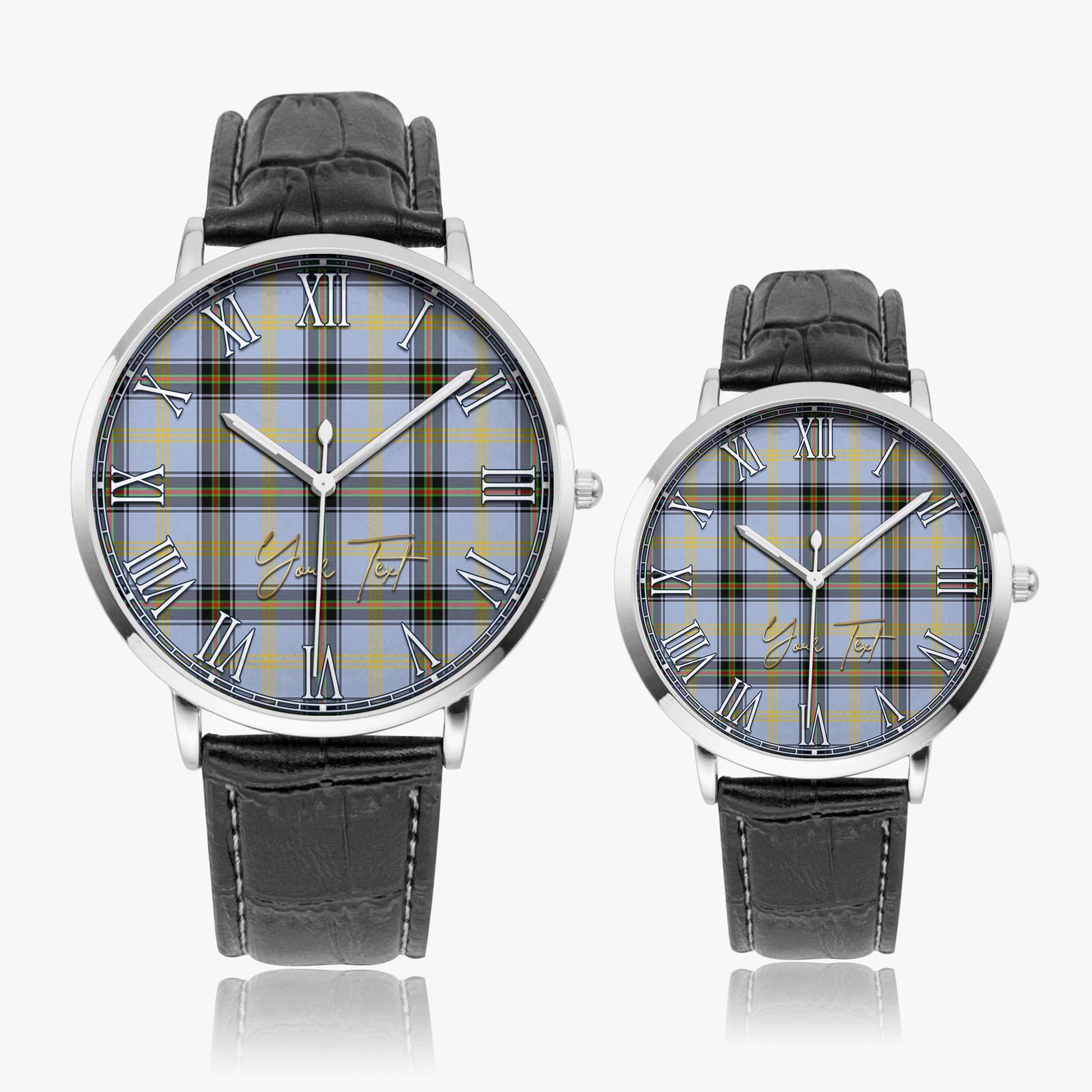 Bell Tartan Personalized Your Text Leather Trap Quartz Watch Ultra Thin Silver Case With Black Leather Strap - Tartanvibesclothing