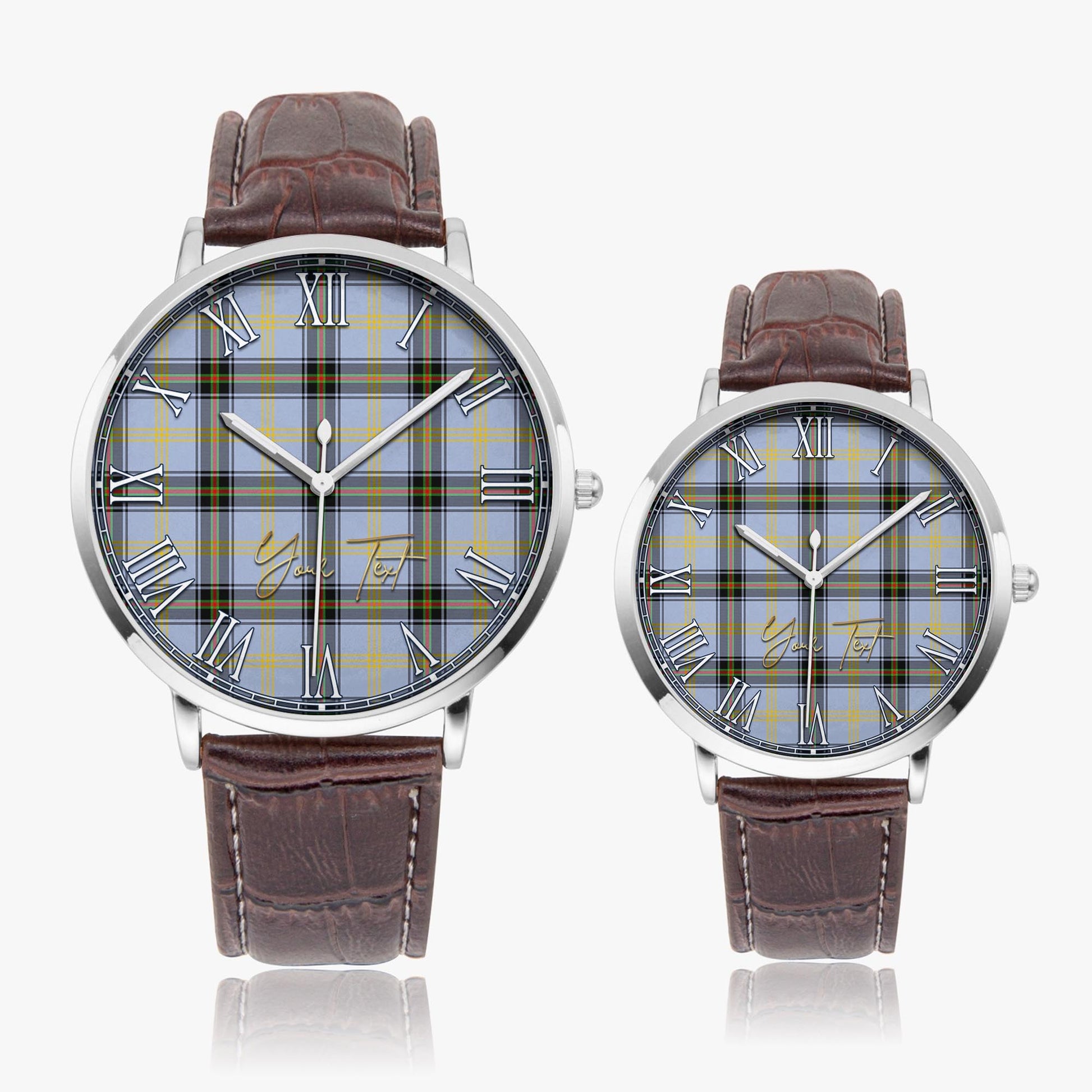 Bell Tartan Personalized Your Text Leather Trap Quartz Watch Ultra Thin Silver Case With Brown Leather Strap - Tartanvibesclothing