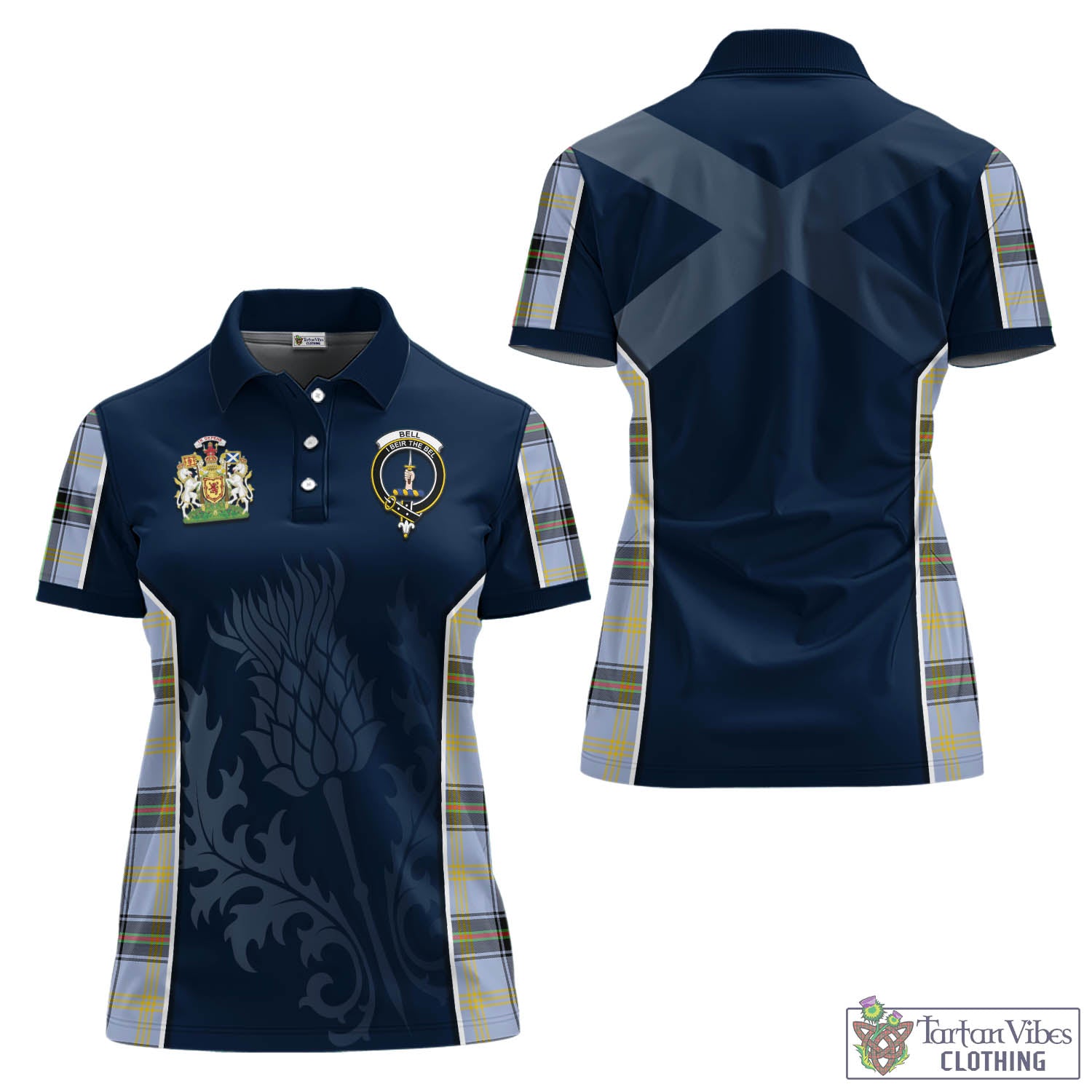 Tartan Vibes Clothing Bell Tartan Women's Polo Shirt with Family Crest and Scottish Thistle Vibes Sport Style