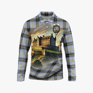 Bell Tartan Family Crest Long Sleeve Polo Shirt with Scottish Ancient Castle Style Unisex - Tartan Vibes Clothing