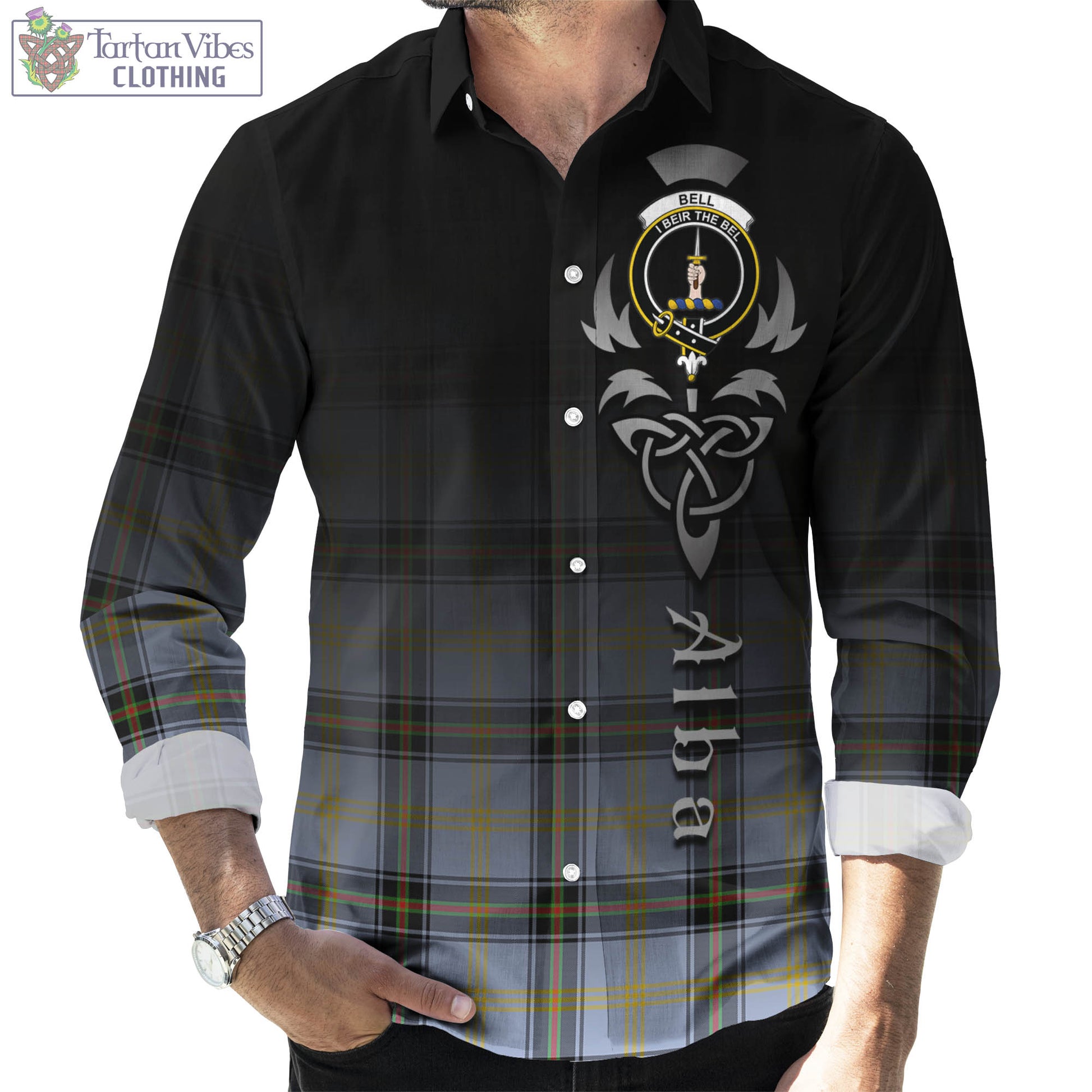 Tartan Vibes Clothing Bell Tartan Long Sleeve Button Up Featuring Alba Gu Brath Family Crest Celtic Inspired