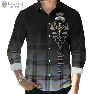 Bell Tartan Long Sleeve Button Up Featuring Alba Gu Brath Family Crest Celtic Inspired