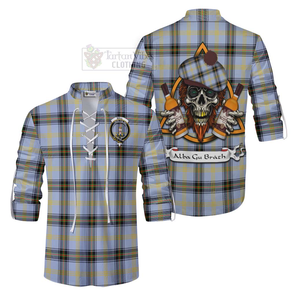 Tartan Vibes Clothing Bell Tartan Ghillie Kilt Shirt with Family Crest and Bearded Skull Holding Bottles of Whiskey