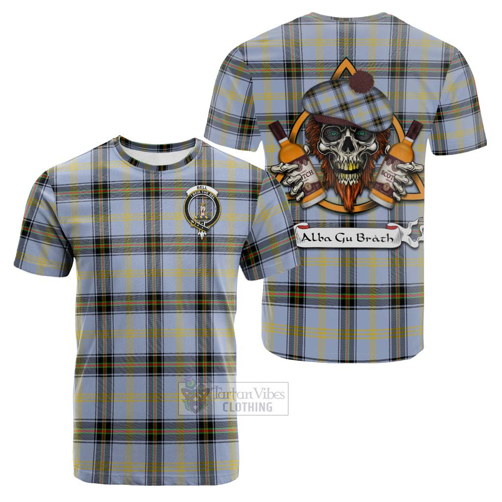 Tartan Vibes Clothing Bell Tartan Cotton T-shirt with Family Crest and Bearded Skull Holding Bottles of Whiskey