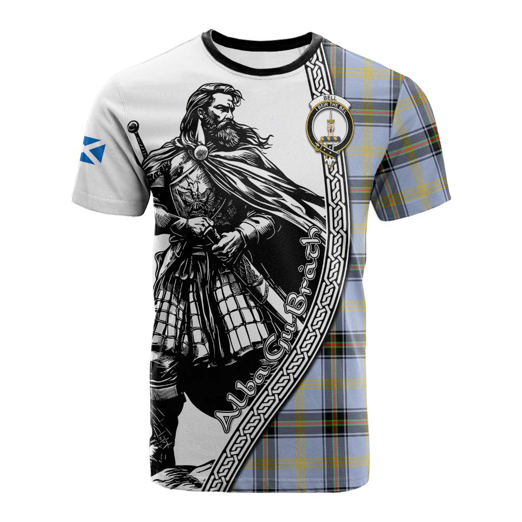 Bell Tartan Clan Crest Cotton T-shirt with Highlander Warrior Celtic Style