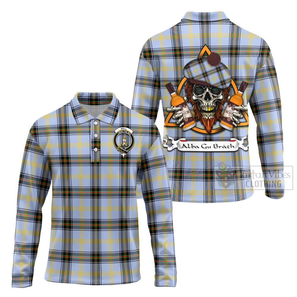 Tartan Vibes Clothing Bell Tartan Long Sleeve Polo Shirt with Family Crest and Bearded Skull Holding Bottles of Whiskey