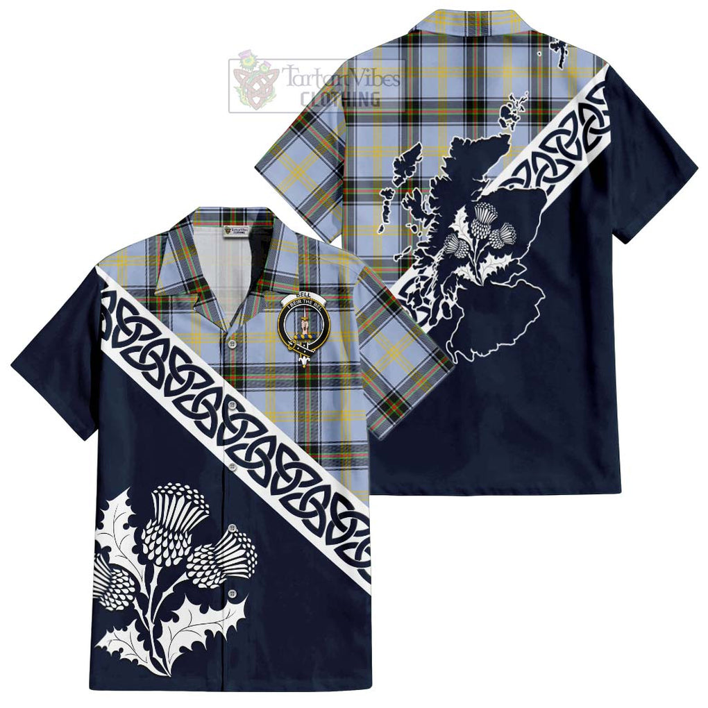 Tartan Vibes Clothing Bell Tartan Short Sleeve Button Shirt Featuring Thistle and Scotland Map