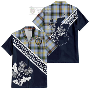 Bell Tartan Short Sleeve Button Shirt Featuring Thistle and Scotland Map