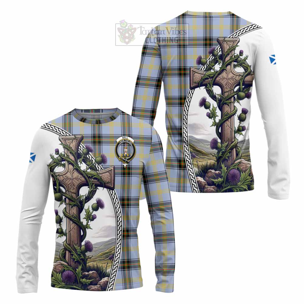 Tartan Vibes Clothing Bell Tartan Long Sleeve T-Shirt with Family Crest and St. Andrew's Cross Accented by Thistle Vines