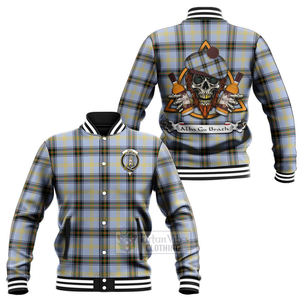 Tartan Vibes Clothing Bell Tartan Baseball Jacket with Family Crest and Bearded Skull Holding Bottles of Whiskey