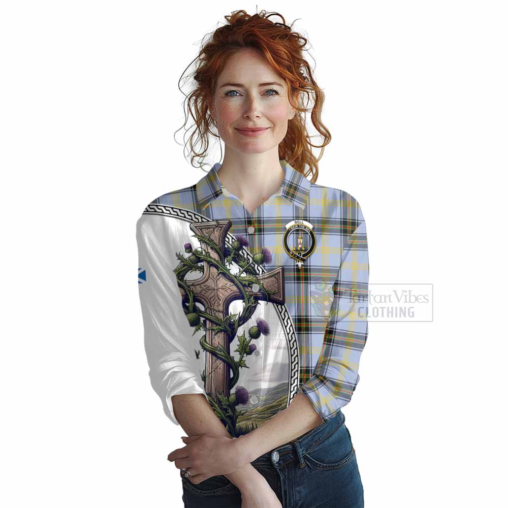 Tartan Vibes Clothing Bell Tartan Women's Casual Shirt with Family Crest and St. Andrew's Cross Accented by Thistle Vines