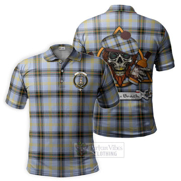 Bell Tartan Polo Shirt with Family Crest and Bearded Skull Holding Bottles of Whiskey