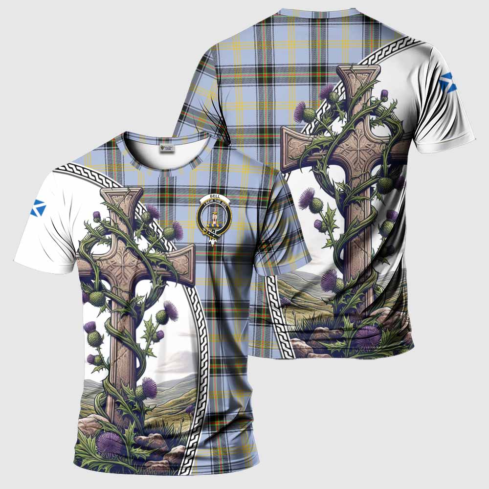 Tartan Vibes Clothing Bell Agnew Tartan T-Shirt with Family Crest and St. Andrew's Cross Accented by Thistle Vines