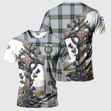 Bell Tartan T-Shirt with Family Crest and St. Andrew's Cross Accented by Thistle Vines