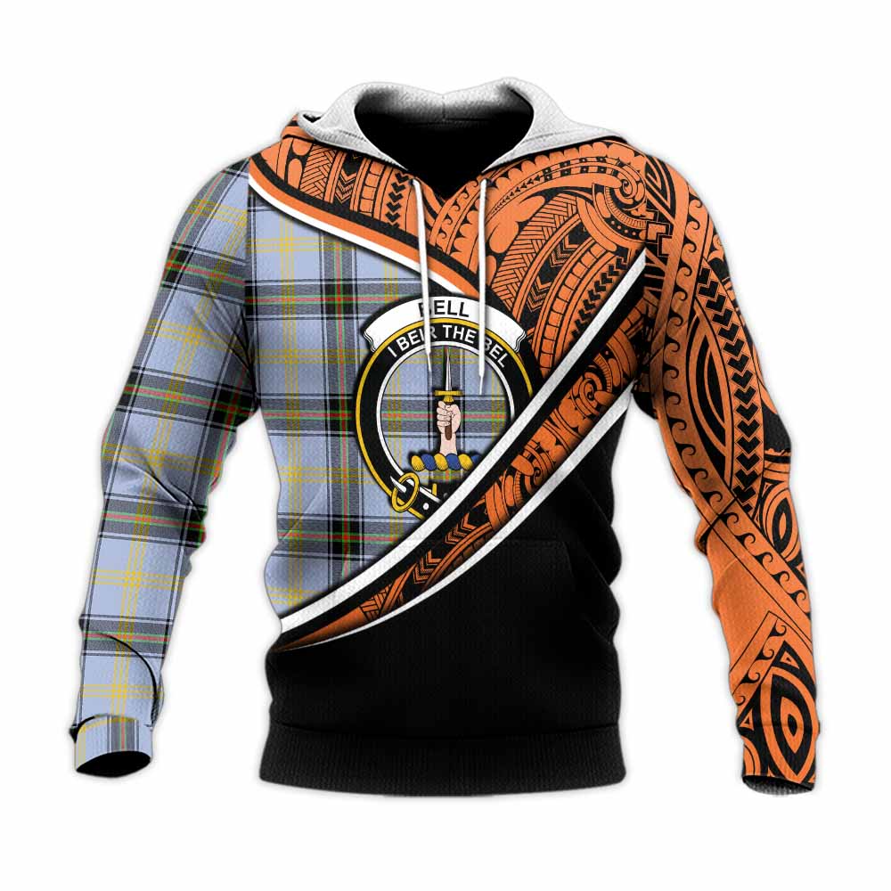 Tartan Vibes Clothing Bell Crest Tartan Knitted Hoodie with Maori Tattoo Style - Orange Version