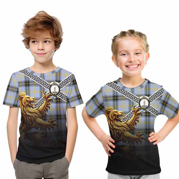 Bell Crest Tartan Kid T-Shirt with Golden Lion Emblem Celtic Style Youth XL Size14 - Tartan Vibes Clothing