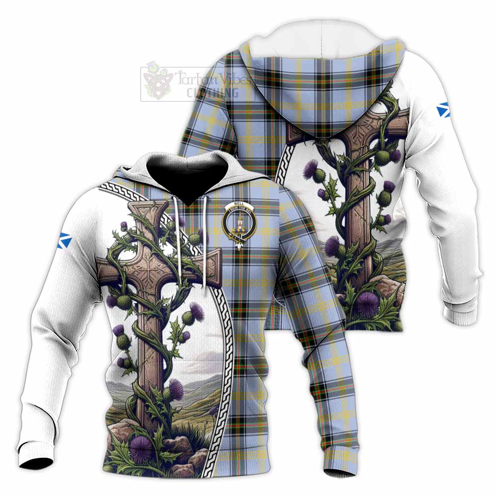 Tartan Vibes Clothing Bell Tartan Knitted Hoodie with Family Crest and St. Andrew's Cross Accented by Thistle Vines