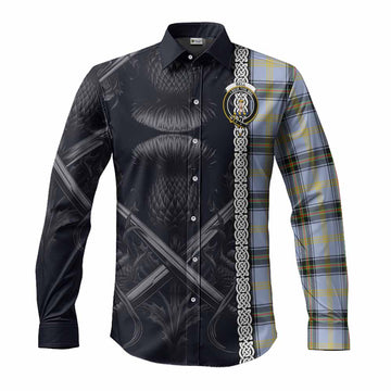 Bell Tartan Long Sleeve Button Shirt with Family Crest Cross Sword Thistle Celtic Vibes