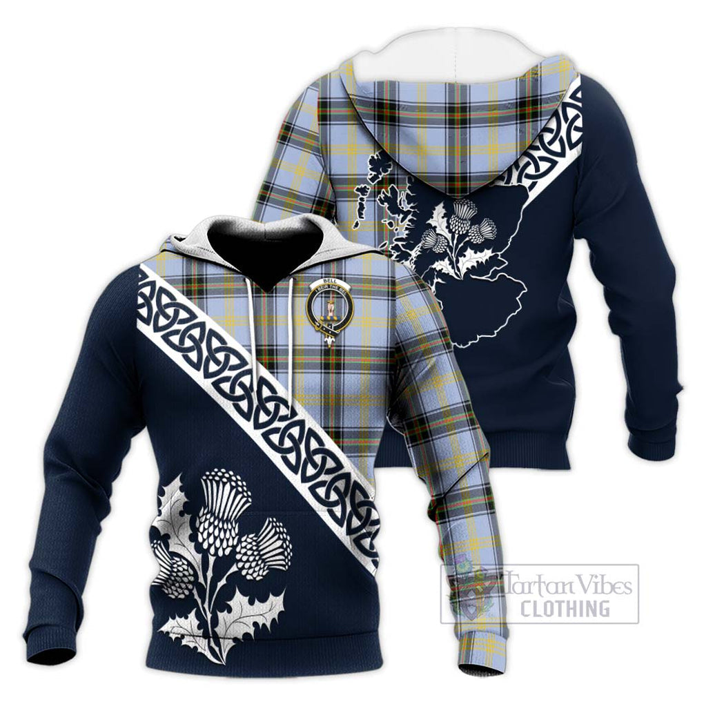 Tartan Vibes Clothing Bell Tartan Knitted Hoodie Featuring Thistle and Scotland Map