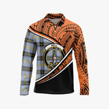 Bell Crest Tartan Long Sleeve Polo Shirt with Polynesian Vibes Style - Orange Version