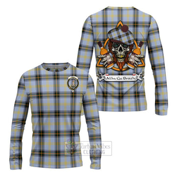 Bell Tartan Long Sleeve T-Shirt with Family Crest and Bearded Skull Holding Bottles of Whiskey