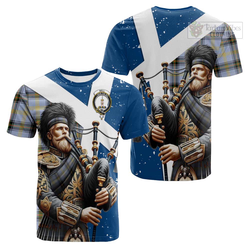 Tartan Vibes Clothing Bell Tartan Cotton T-shirt with Family Crest Scottish Bagpiper Vibes