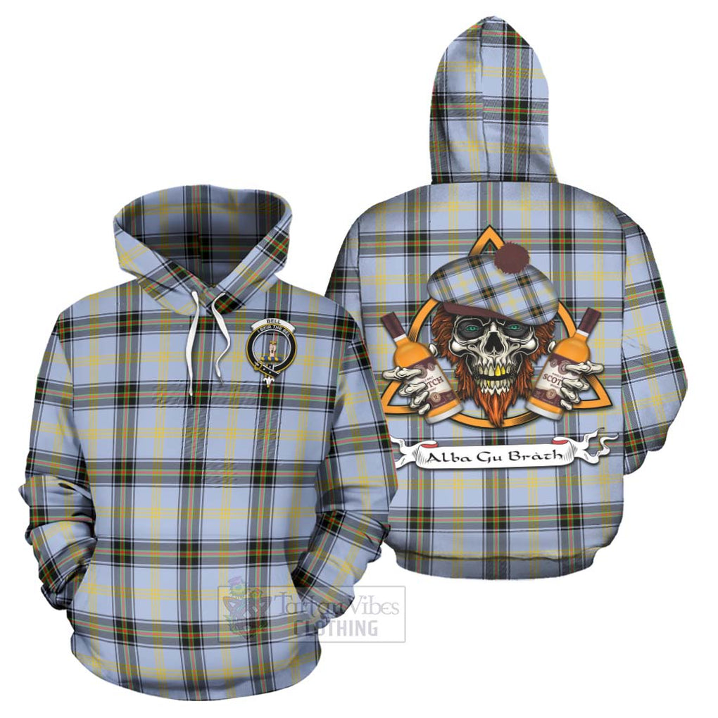 Tartan Vibes Clothing Bell Tartan Hoodie with Family Crest and Bearded Skull Holding Bottles of Whiskey