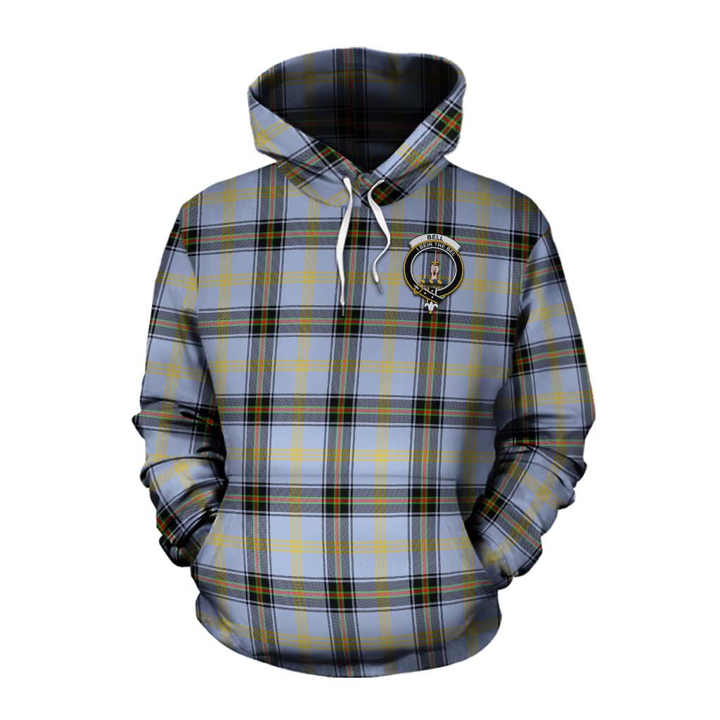 Tartan Vibes Clothing Bell Tartan Cotton Hoodie with Family Crest and Bearded Skull Holding Bottles of Whiskey