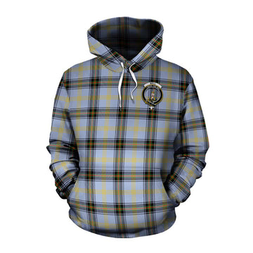 Bell Tartan Cotton Hoodie with Family Crest and Bearded Skull Holding Bottles of Whiskey