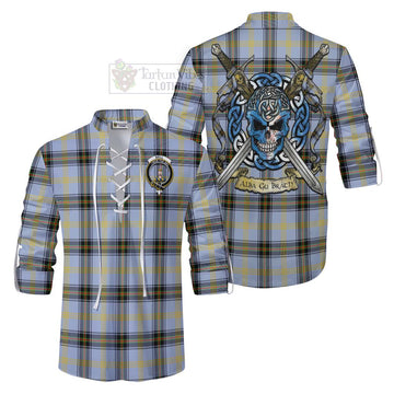 Bell Tartan Ghillie Kilt Shirt with Family Crest Celtic Skull Style