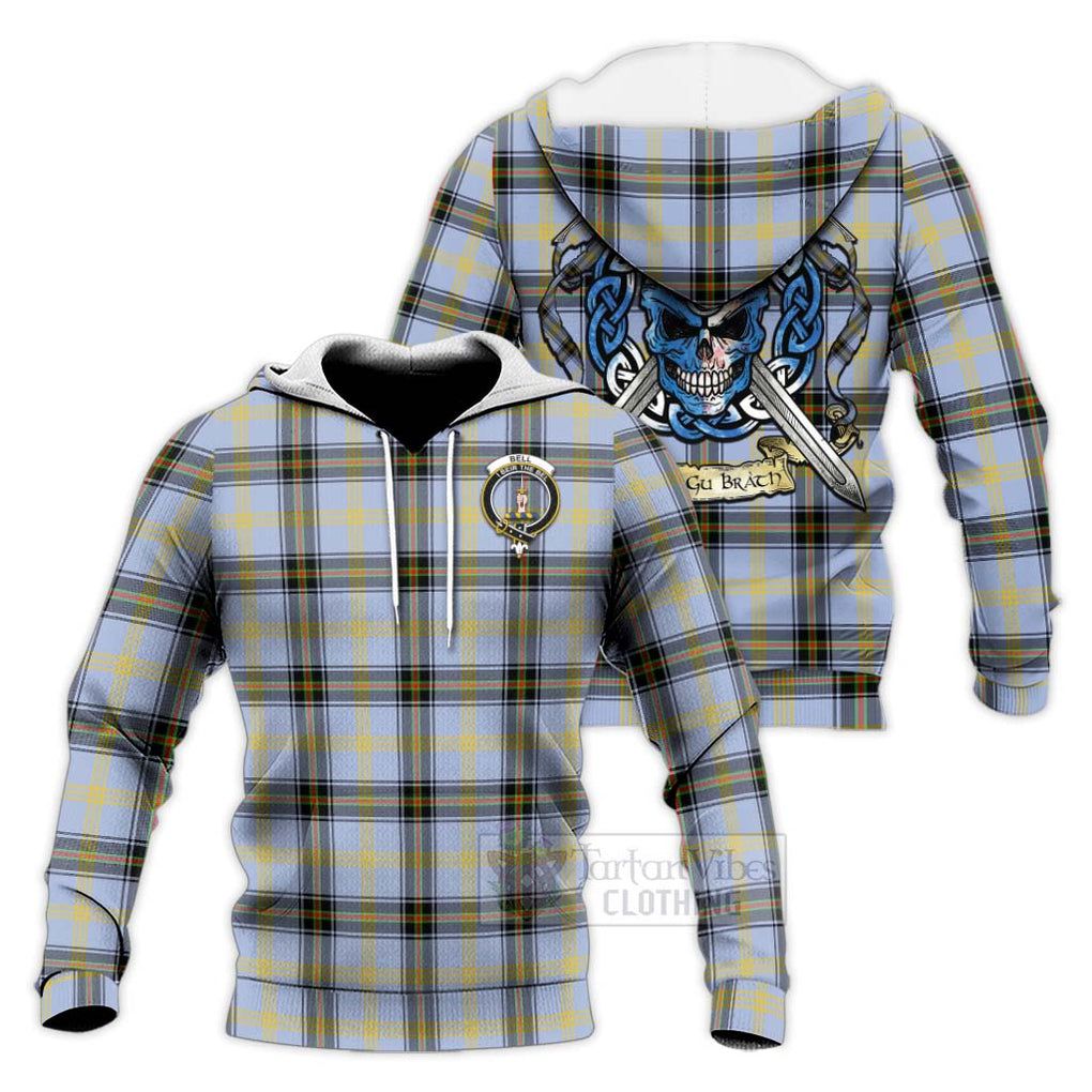 Tartan Vibes Clothing Bell Tartan Knitted Hoodie with Family Crest Celtic Skull Style