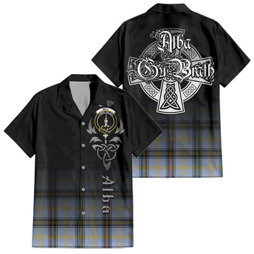 Bell Tartan Short Sleeve Button Up Shirt Featuring Alba Gu Brath Family Crest Celtic Inspired