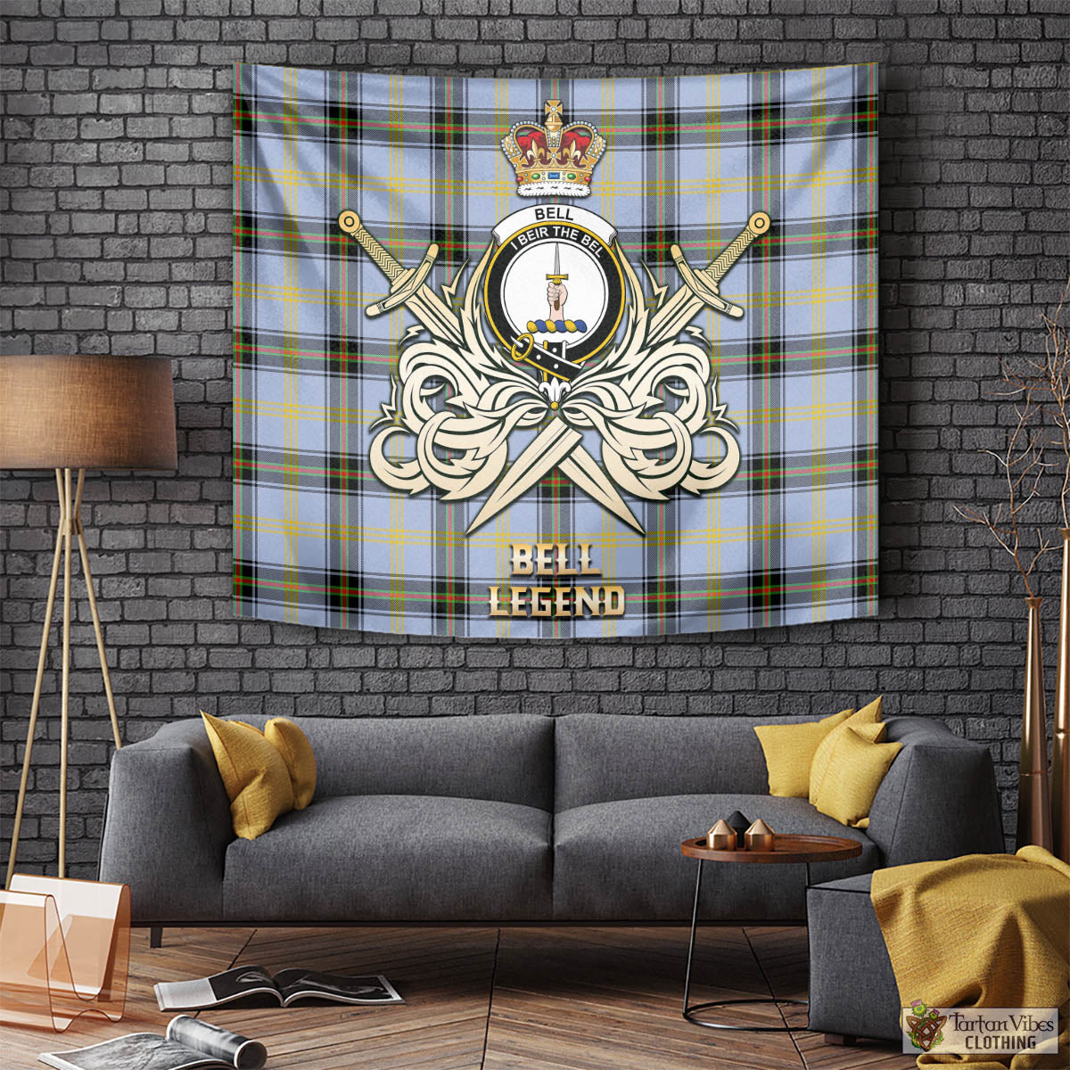 Tartan Vibes Clothing Bell Tartan Tapestry with Clan Crest and the Golden Sword of Courageous Legacy